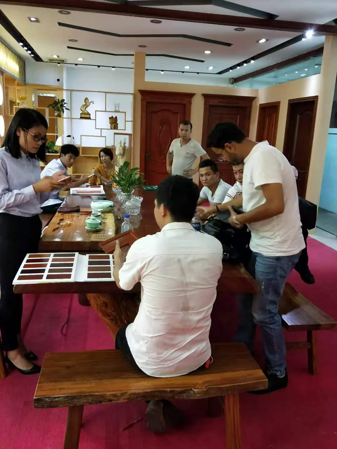 People reviewing samples in a showroom